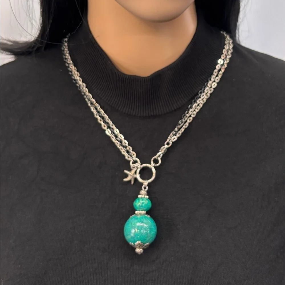 Chrysocolla Turquoise Blue Silver Tone Necklace with Larg Intricate Pendant - Picture 8 of 16